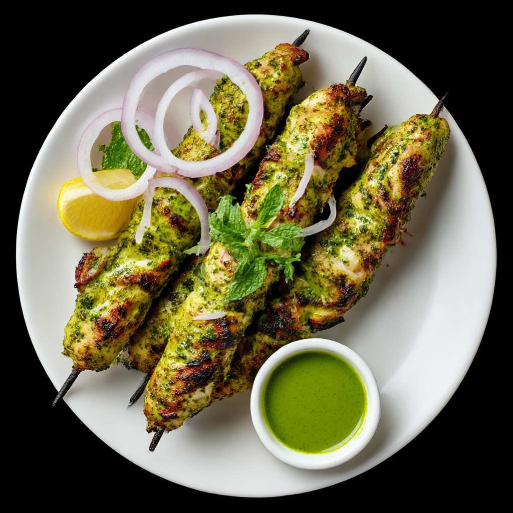 Hariyali chicken tikka skewers ready for catering