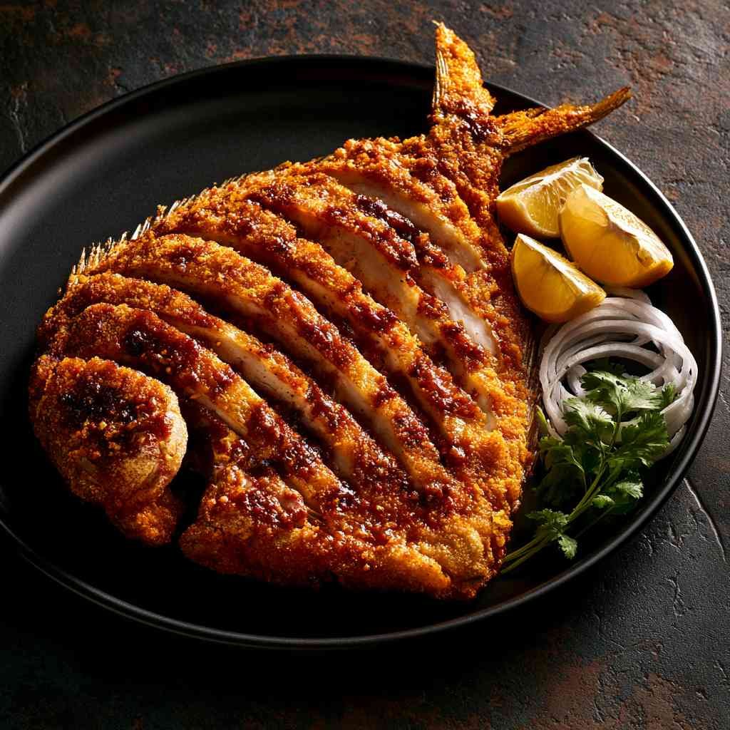 Crisp pomfret fry with lemon